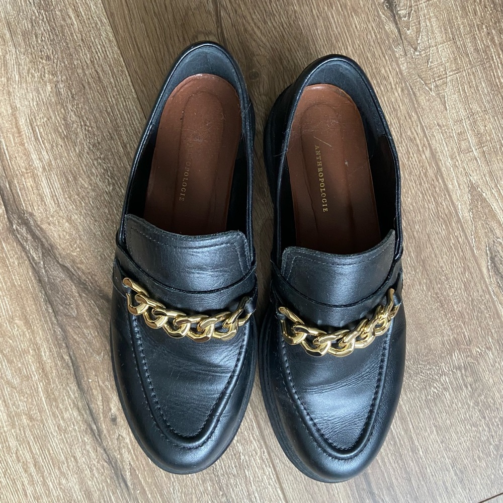 Anthropologie Black Loafers with Gold Chain Accent